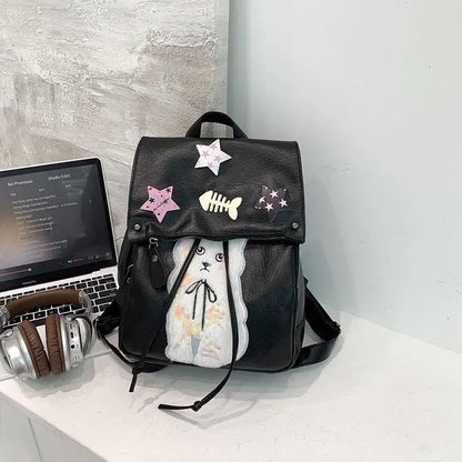 Soft Leather Star Y2K Academy Style Spicy Girl Backpack Fashion Causal PU Black Backpacks