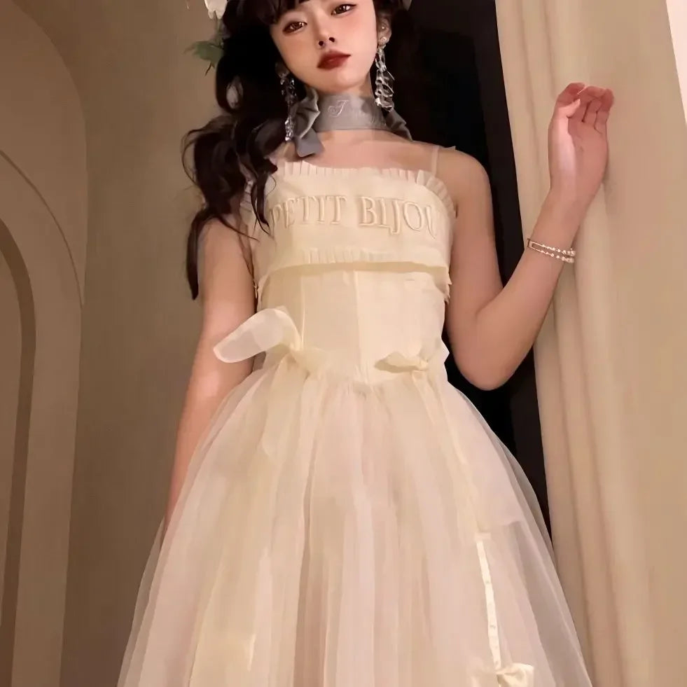 New Ballet Lolita JSK Dresses Women Flower Wedding French Long Suspender Dress Fairy Embroidered Lace Soft Maxi Dress
