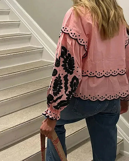 Women's New Fashionable Casual V-neck Lace Up Lantern Sleeve Shirt Embroidered Print