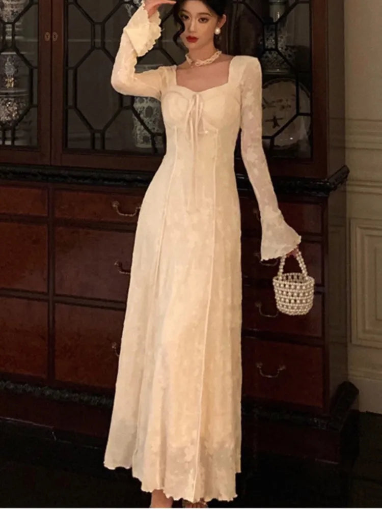 Women's Solid Midi Dress Flare Sleeves Square Collar A-Line Lace Up Autumn Spring French Elegant Vintage Prom Robe Vestidos New