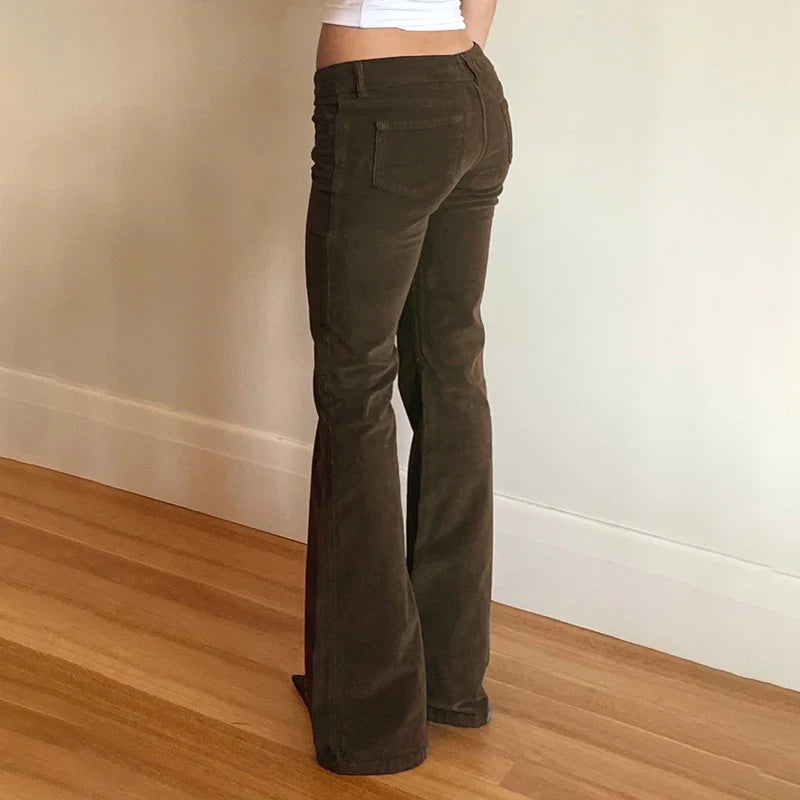 Women Corduroy Flare Pants Retro Green Low Waisted Skinny Boot Cut Trousers Autumn Y2K Streetwear Outfits Casual