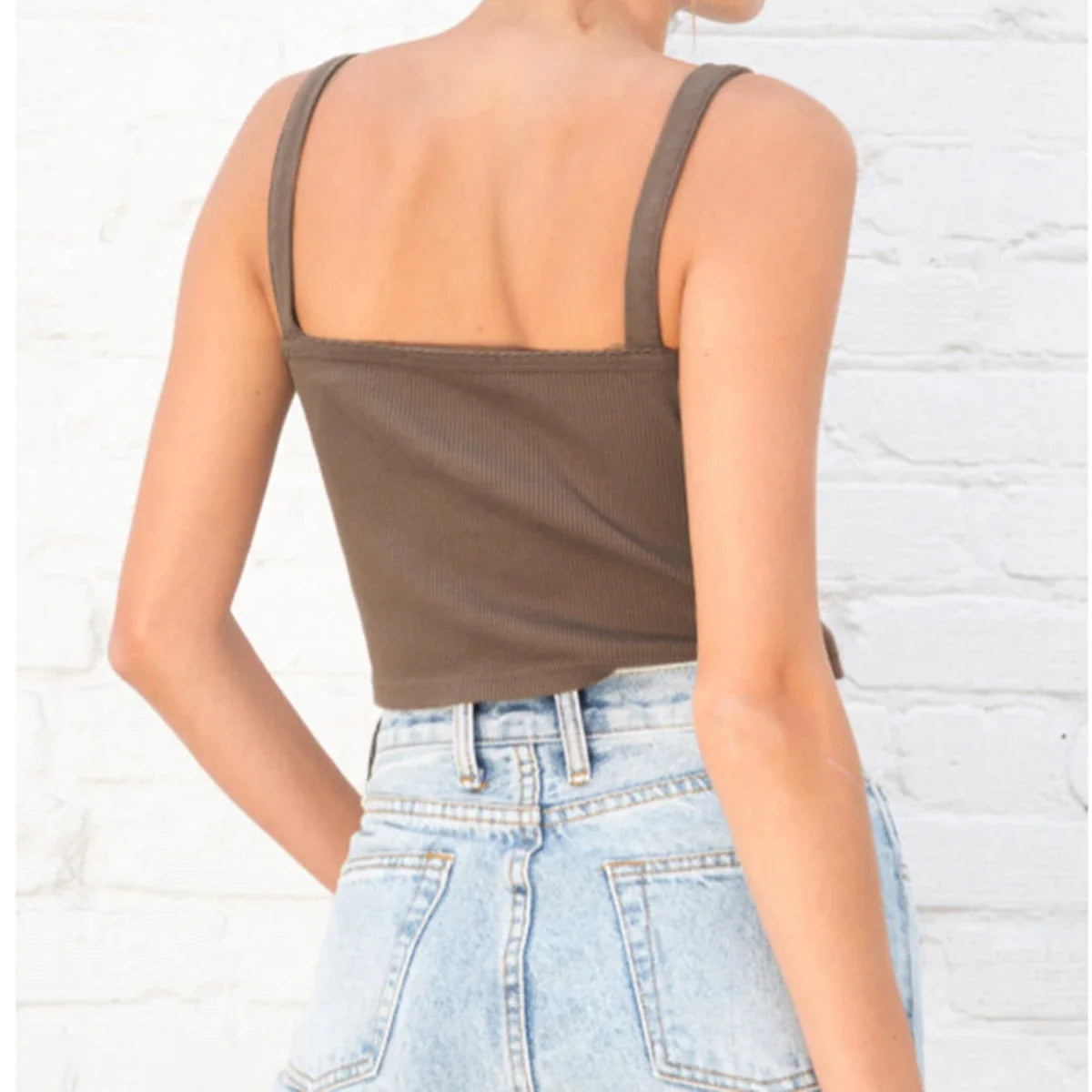 Vintage Brown Slim Cotton Tops Summer Ruffle Trim Sexy Square Collar Y2k Camis Blouses Women Sweet Cute Slim Crop Top Chic