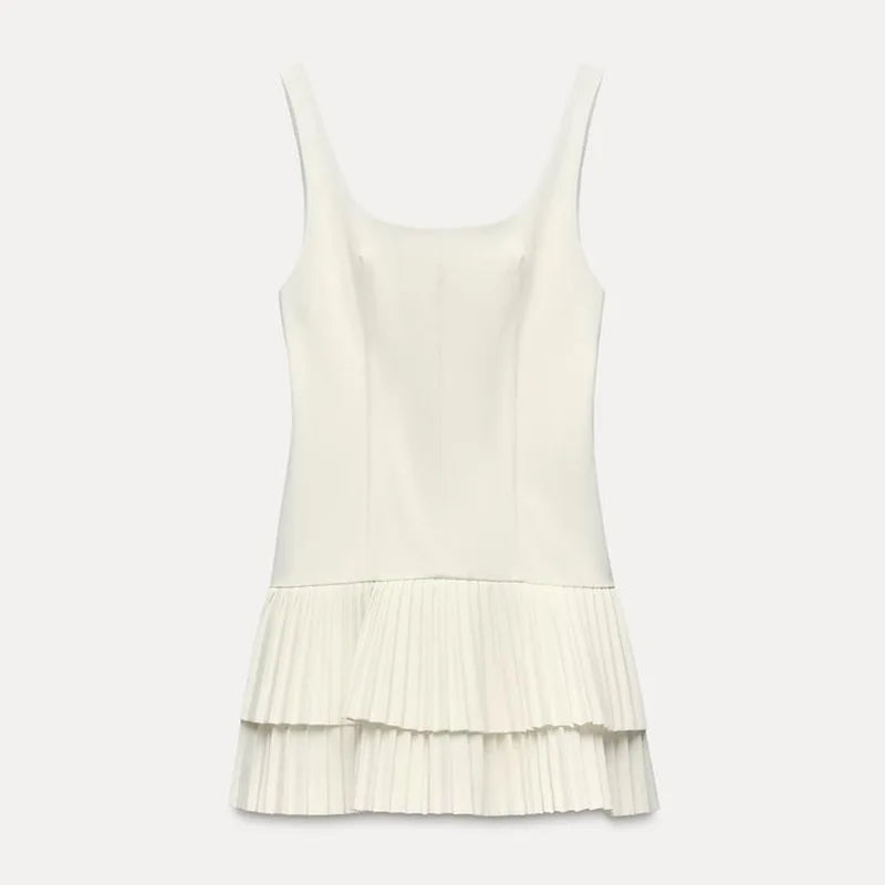 Square Neck Drop Waist Tiered Knife Pleat Mini Dress