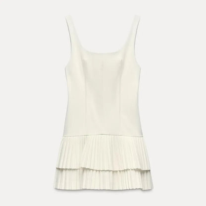 Square Neck Drop Waist Tiered Knife Pleat Mini Dress