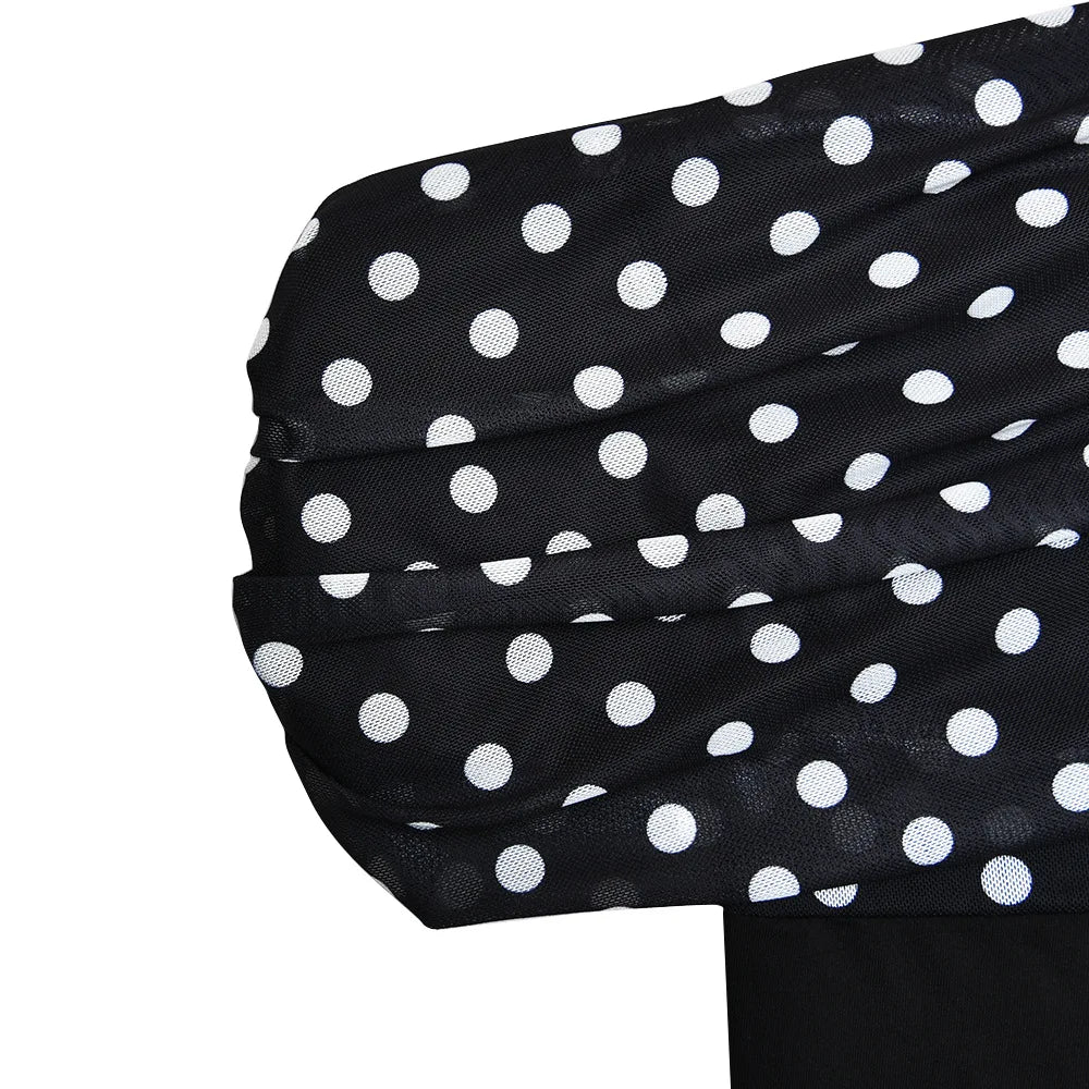 Personalized Design Diagonal Neck Off-the-shoulder Polka Dot Dress Female Sexy Slim Mesh See-through Backless Dress
