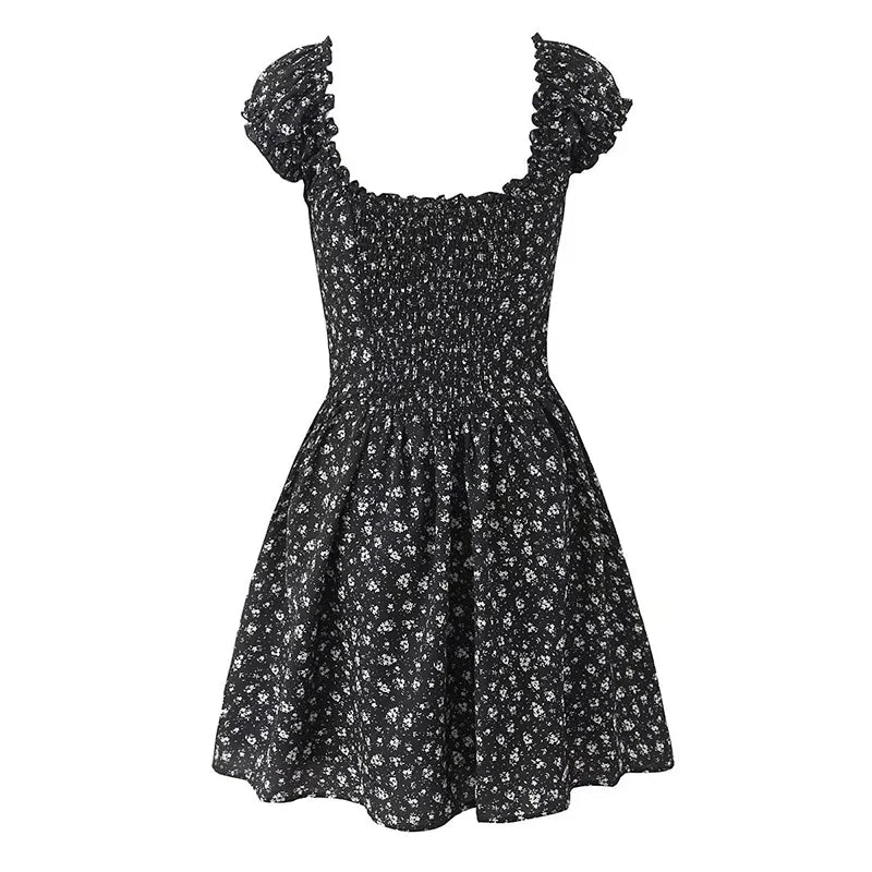Holiday Summer Dresses 2025 Women French Style Floral Print Dress Vintage Short Sleeve V Neck A-line Mini Robe Sundress