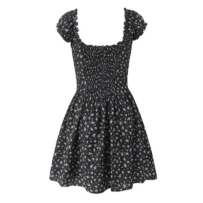 Holiday Summer Dresses 2025 Women French Style Floral Print Dress Vintage Short Sleeve V Neck A-line Mini Robe Sundress