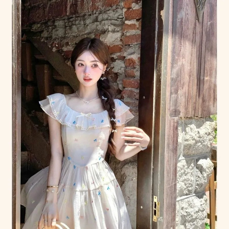 Mini Dresses Women Bow Sweet Flying Sleeve Square Collar French Style Chic Spring Summer Party Mini Dress Princess Casual