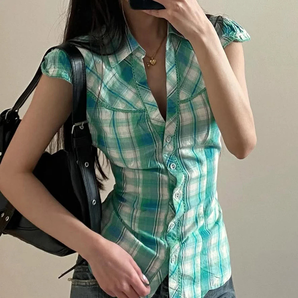 Green Plaid Print Blouse Vintage Turn-down Collar Single-breasted Top French Style Slim-fit Shirts Chic Fashion Clothes