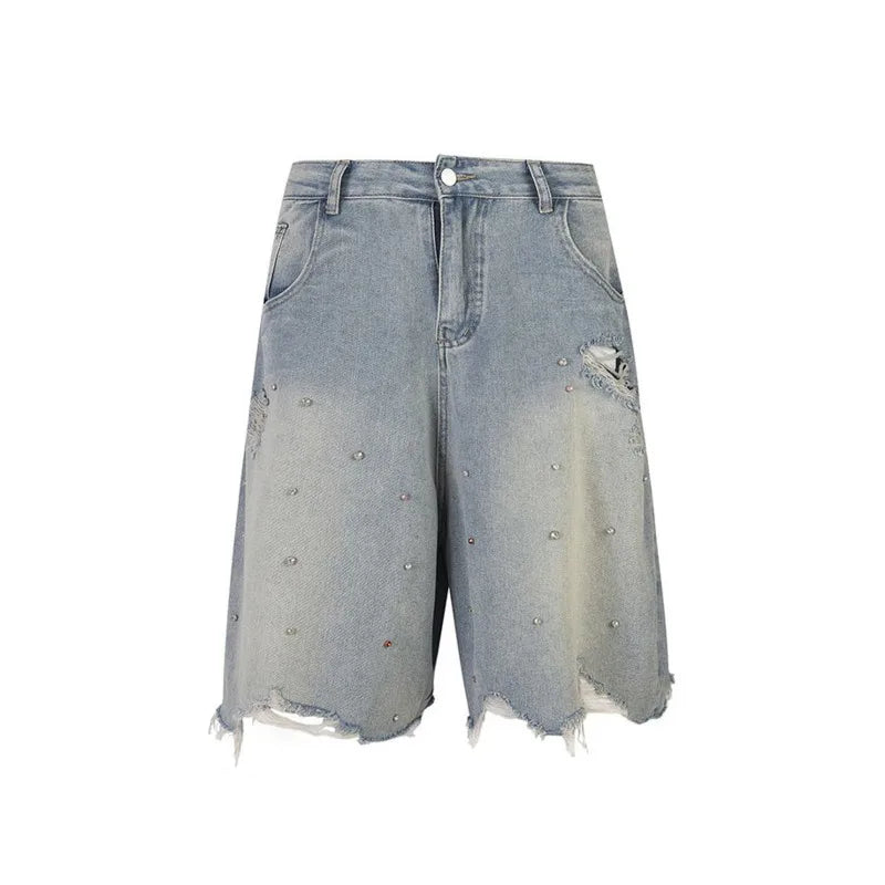 Diamond Studded Denim Shorts Men Women Trousers Summer Design Hip Hop Brushed Work Pants 2000s Baggy Jeans Y2k Streetwear