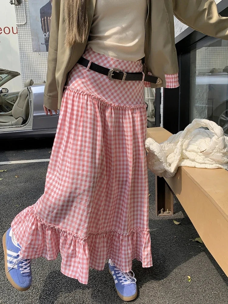 Long Skirts Womens Pink Plaid Skirt 2024 Goth Lolita Spring Summer High Waist High Low Ruched Ruffle Skirts rok