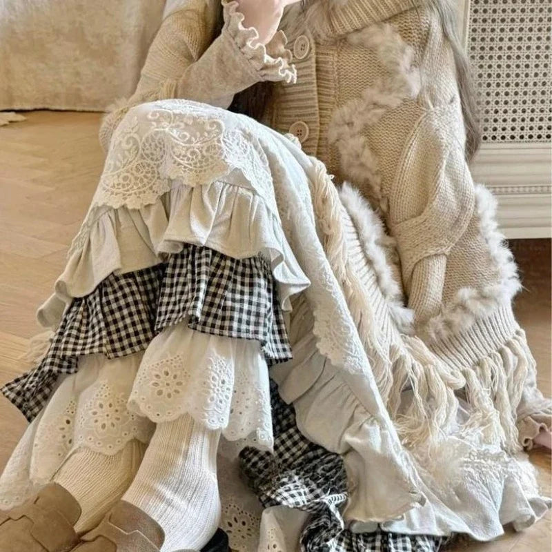 Japanese Vintage Sweet Y2k Mid-length Patchwork Skirt for Women Winter All-match A-line Faldas Mujer Moda Kawaii Skirt
