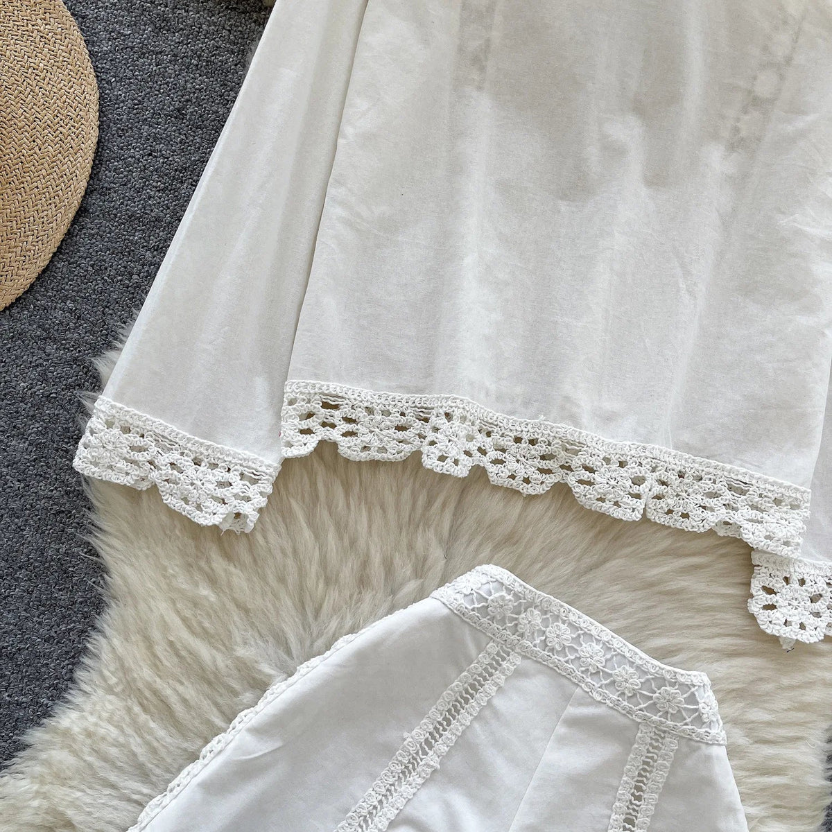 Crochet Patchwork Shorts Sets Women Single Breasted Lapel Collar Long Sleeve Blouse Summer Casual Fashion White Two-piece Set