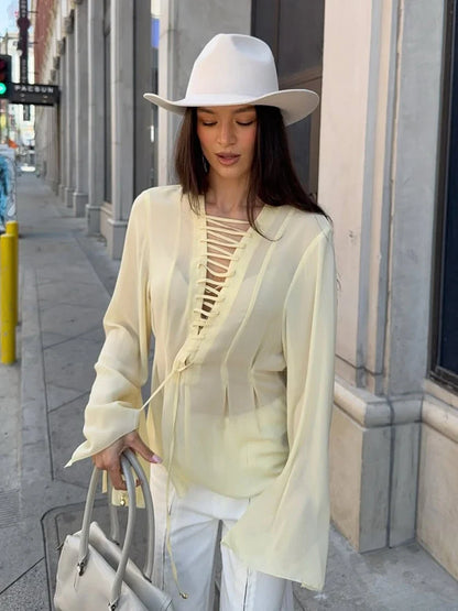 Light Yellow Chiffon Flare Sleeve Blouse