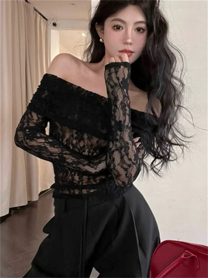 Spring Hot Girls Tees Sweaters Women Slash Neck Lace Hollow Out Slim 2024 Sweet New Sexy Off Shoulders Knitted