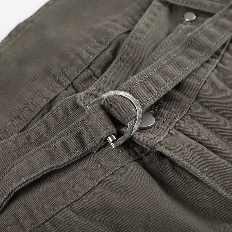 Vintage 2000s Pocket Denim Pants with Belt Casual Low Rise Baggy Cargo Denim Pants y2k Streetwear Women's Jeans Harajuku