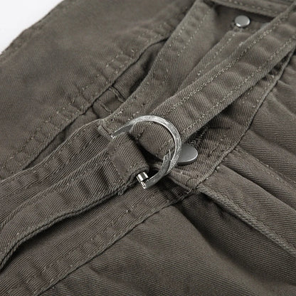 Vintage 2000s Pocket Denim Pants with Belt Casual Low Rise Baggy Cargo Denim Pants y2k Streetwear Women's Jeans Harajuku