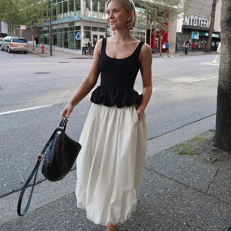 Solid Color Fold Skirts For Women Elastic High Waisted With Pocket Loose Fashion Patchwork Summer New Long Skirt Female