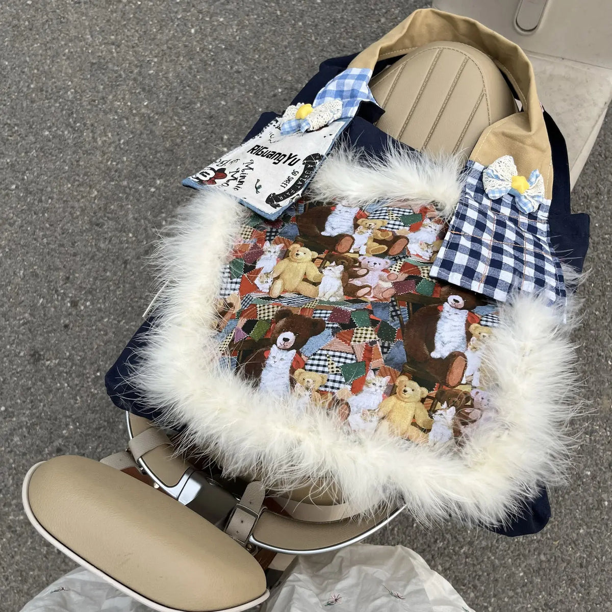 Fur Patchwork Vintage Plaid Shoulder Bags Sweet Y2k Cartoon Bear Chic Bow Handbags Casual Women Harajuku Ins Grunge Underarm Bag