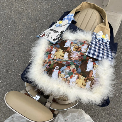 Fur Patchwork Vintage Plaid Shoulder Bags Sweet Y2k Cartoon Bear Chic Bow Handbags Casual Women Harajuku Ins Grunge Underarm Bag