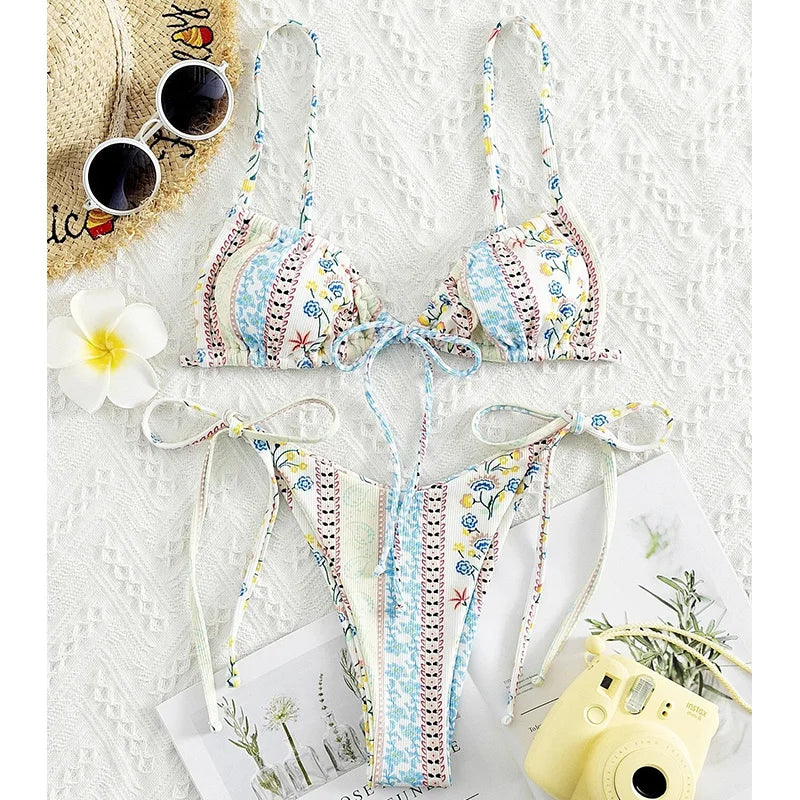 New Floral Print String Bandage Bikinis Triangle Cup Push Up Swimsuit Women Bathing Suit Beachwear Halter Swimwear XS