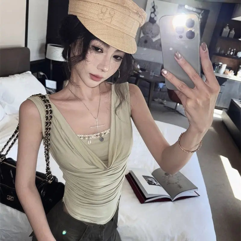 Summer Cropped Corset Top Draped Neck Two Tone Sleeveless Built-in Layered Shirt Women Soft Sexy