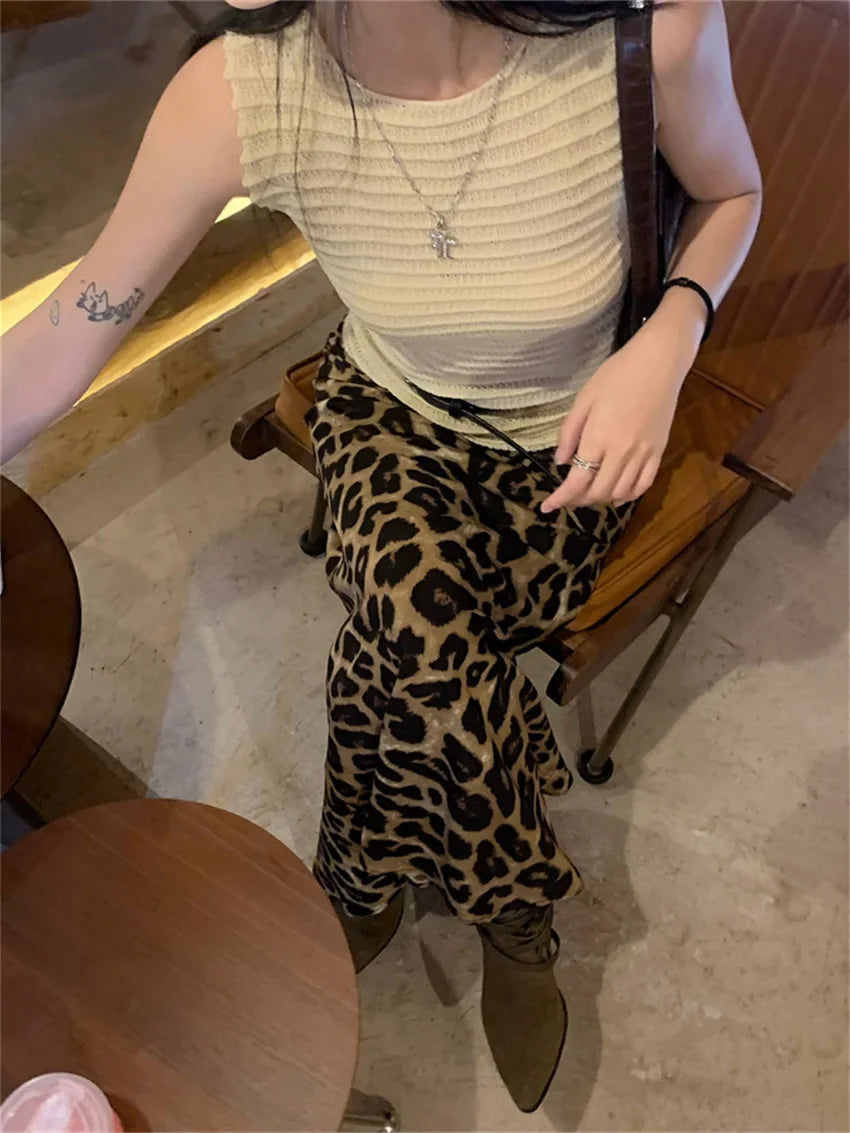 Retro Mopping Skirts Women Loose Slim New Leopard Chic Casual Elegant High Waist Office Lady Daily Streetwear