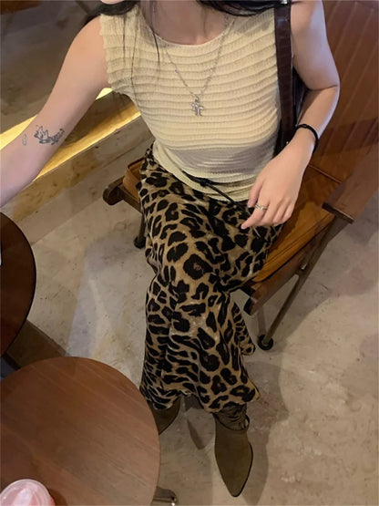 Retro Mopping Skirts Women Loose Slim New Leopard Chic Casual Elegant High Waist Office Lady Daily Streetwear