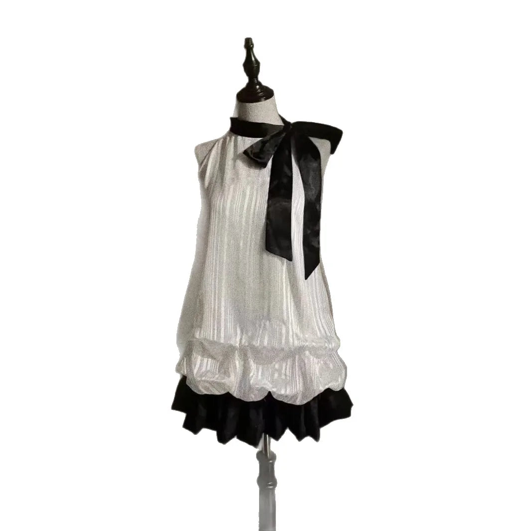 Vintage-Inspired Halter Babydoll Dress Bow Accent Flared Hem Classic Heiress Style Fit and Flare Dress