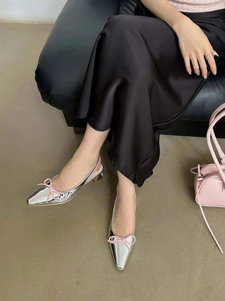 Women's Shoes Silver Block Heels Closed Toe Sandals Shallow Mouth 2025 Summer Chunky Bow Open Retro Pointed Girls New Butterfly-