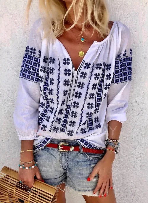 White Bohemia Tops Cotton Embroidery 2024 Autumn Blouse Shirt Women Casaul Loose V Neck Boho Pullover Camisas Mujer