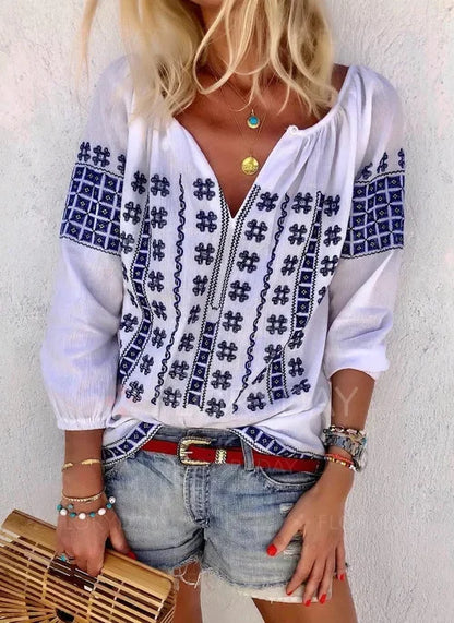 White Bohemia Tops Cotton Embroidery 2024 Autumn Blouse Shirt Women Casaul Loose V Neck Boho Pullover Camisas Mujer
