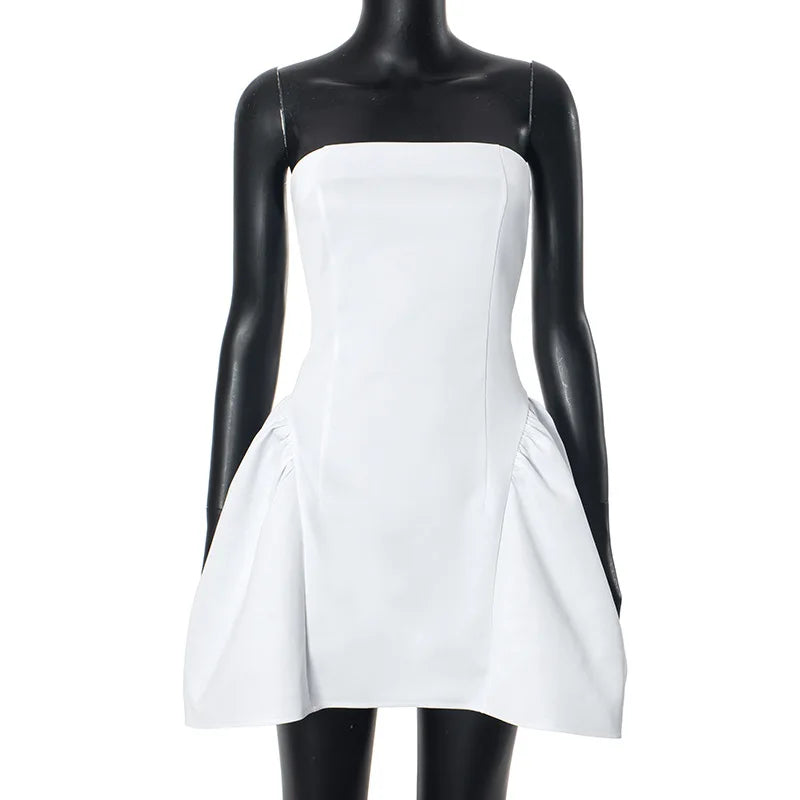 Slim Strapless Folds Mini Dress for Women Club Party Clothes Sexy Backless Patchwork Sleeveless High Waisted Dress Solid