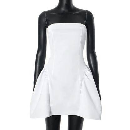 Slim Strapless Folds Mini Dress for Women Club Party Clothes Sexy Backless Patchwork Sleeveless High Waisted Dress Solid