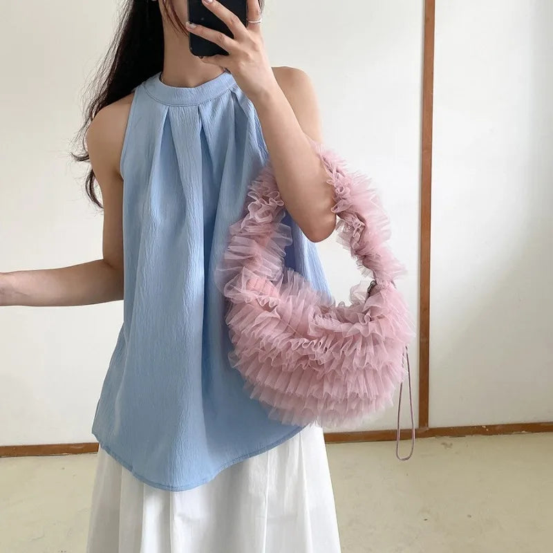 Luxury Design Ruffles Pleated Shoulder Underarm Bag Sweet Girls Y2k Fairy Chic Hobo Bags Mesh Women Solid Purses and Handbags