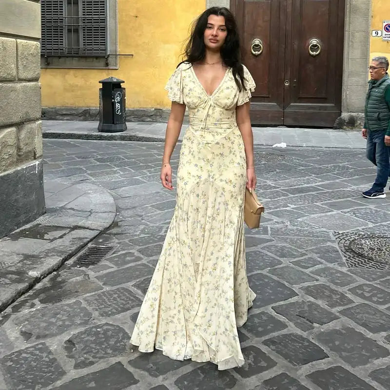 Fashion Women's Dress V-neck Short Sleeve Slim Female Print Floral Dresses Summer Sexy Elegant Holiday New Party Lady Robe
