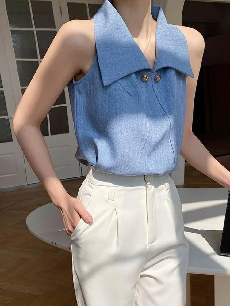 Temperament Lapel Blouse Women Sleeveless Off Shoulder Blue Shirts Office Lady Formal Elegant Fashion Tops Summer Chic