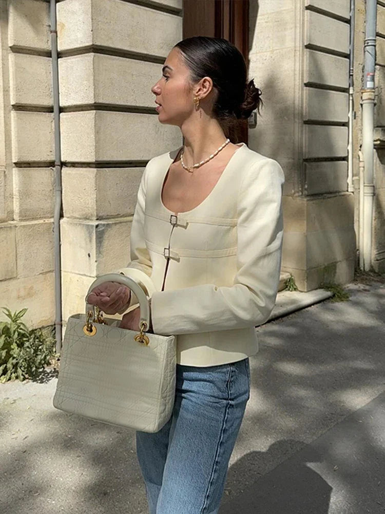 Women's Casual Lace Up Top White Denim Jacket Metal Buckle Hollow V Neck Long Sleeved Loose Solid Color Women's Top