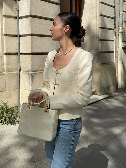 Women's Casual Lace Up Top White Denim Jacket Metal Buckle Hollow V Neck Long Sleeved Loose Solid Color Women's Top