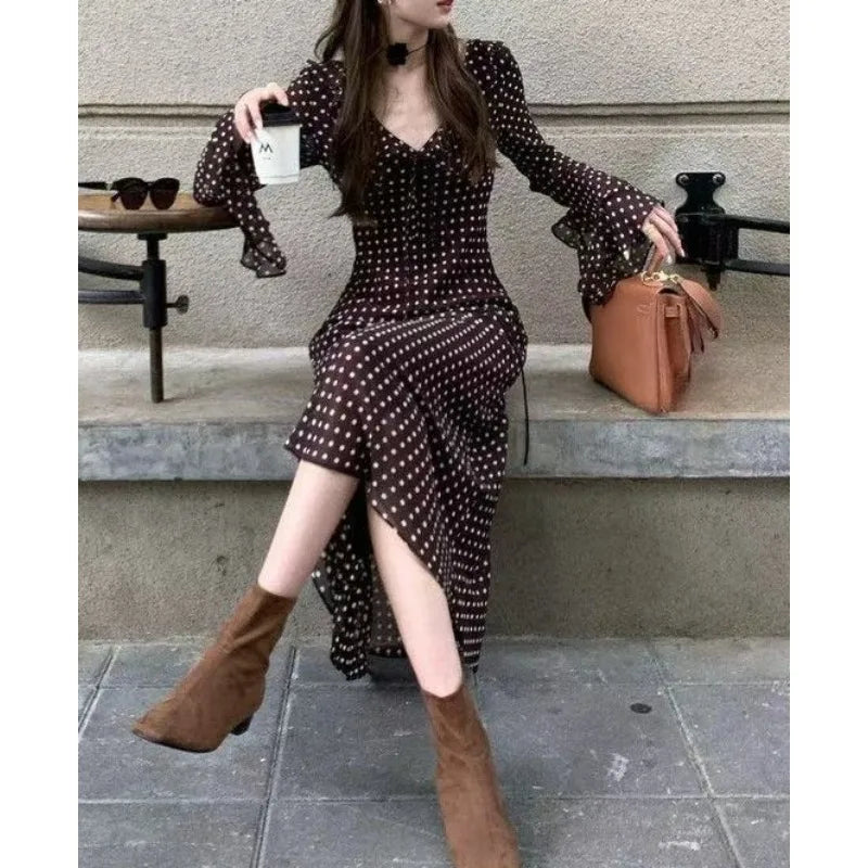 Spring and Summer New Temperament Long-sleeved V-neck Classic Polka Dot Long Dress Women's Clothing