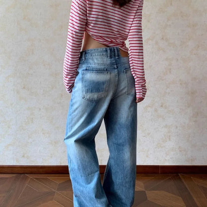 Blue Vintage Women Jeans Washed Irregular Harajuku Wide Leg American Style Baggy Straight Denim Trousers Basic Casual