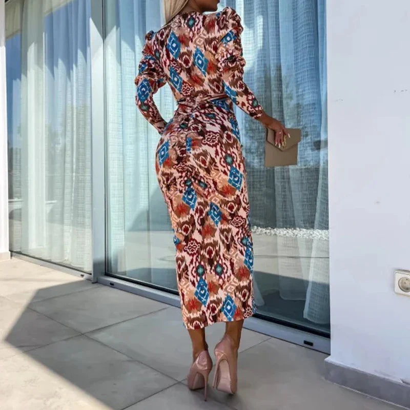 Women Sexy Floral Print Bohemian Long Dress Spring Deep V-neck Slim Bodycon Party Dress Autumn Puff Sleeve Front Slit Maxi Dress
