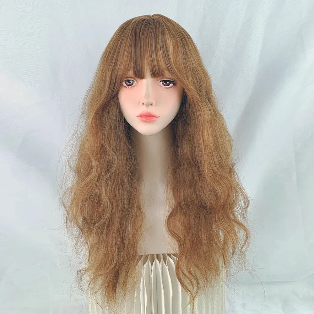 Blonde Synthetic Long Wave Wig with Bangs Fluffy Lolita Cosplay Women Heat Resistant Wig for Daily Party