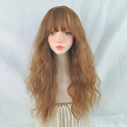 Blonde Synthetic Long Wave Wig with Bangs Fluffy Lolita Cosplay Women Heat Resistant Wig for Daily Party