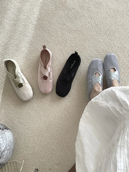 New Women's Ballet Slippers Pink Soft Sole Shallow Heel Round Head Fiberglass Fabric Retro Style Low Heel