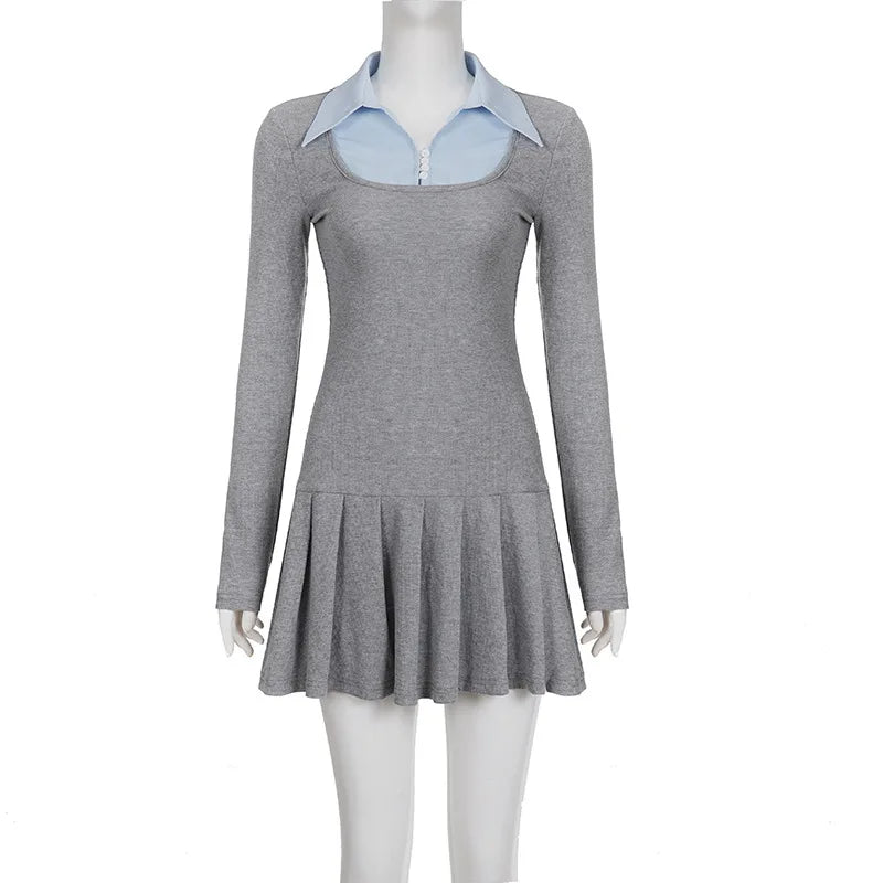 Korean Preppy Style Grey Dress Women's Patchwork Lapel Collar Button Long Sleeve Slim Fake Two-Piece Pleated Mini Dress