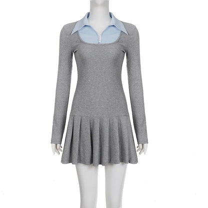 Korean Preppy Style Grey Dress Women's Patchwork Lapel Collar Button Long Sleeve Slim Fake Two-Piece Pleated Mini Dress
