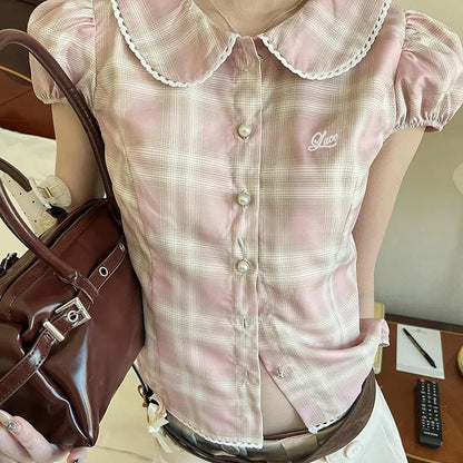 Kawaii Sweet All Match Peter Pan Collar Slim Waist Blouse Y2k Aesthetic Constrast Color Plaid Single Breasted Shirts Casual Tops