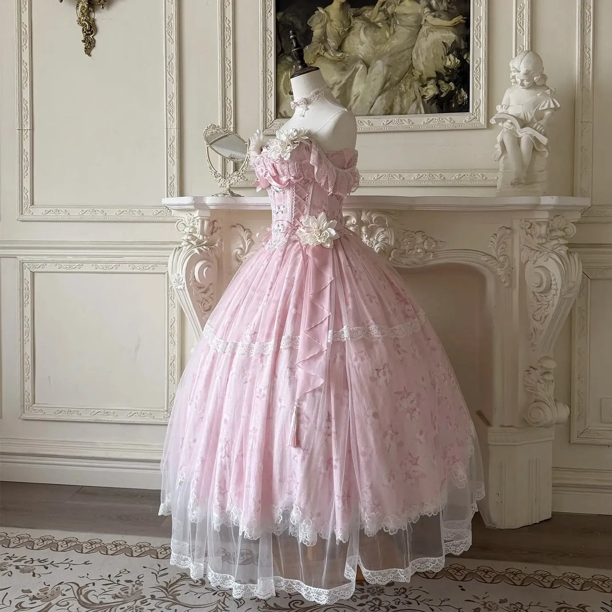 Summer New Women's Pink Green Flower Bow Slim Long Lolita Dress Coming-of-Age Birthday Banquet Princess Evening Dress