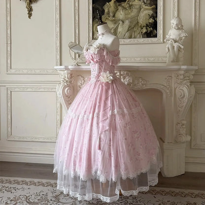 Summer New Women's Pink Green Flower Bow Slim Long Lolita Dress Coming-of-Age Birthday Banquet Princess Evening Dress